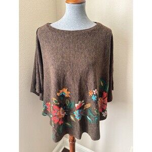 OB2-12 Size S/M Brown Floral Print Knit Poncho Sweater -NWT